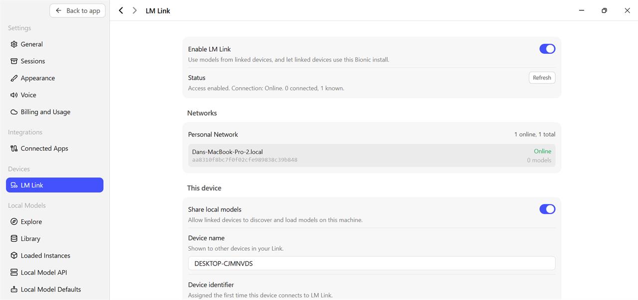 The LM Link menu in Bionic.