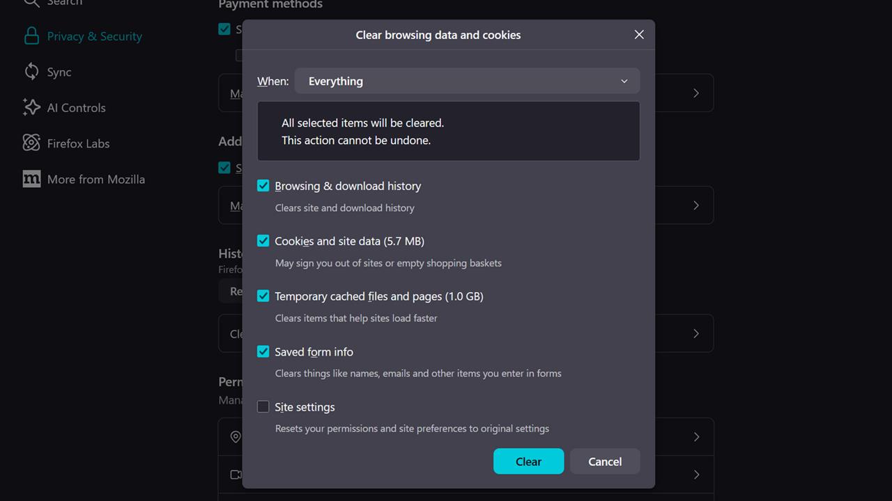 firefox delete browsing data