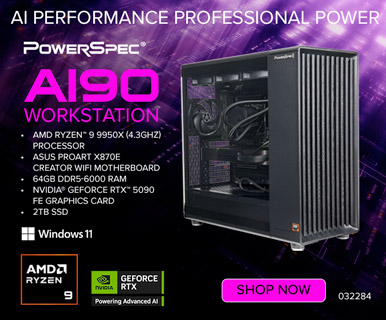 AI Performance Professional Power - PowerSpec AI90 Workstation - AMD Ryzen 9 9950X (4.3GHz) Processor, ASUS ProArt X870E Creator WiFi Motherboard, 64GB DDR5-6000 RAM, NVIDIA GeForce RTX 5090 FE Graphics Card, 2TB SSD - SHOP NOW; SKU 032284