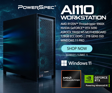 PowerSpec AI110 Workstation - AMD RYZEN Threadripper 9960X, NVIDIA GeForce RTX 5090, ASRock TRX50 WS Motherboard
128GB ECC DDR5, 2TB Gen5 SSD, Windows 11 Pro; Shop Now; 078931, LIMIT 1