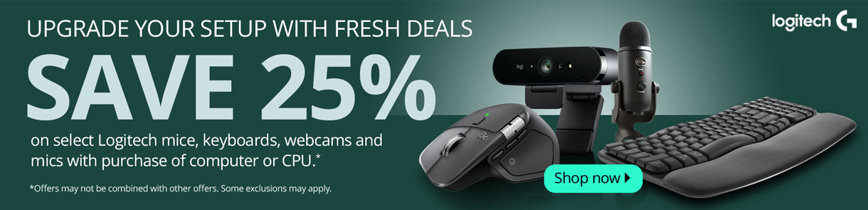 Upgrade your setup with fresh deals. Save 25% on select Logitech mice, keyboards, webcams and mics with purchase of computer or CPU. Offers may not be combined with other offers. Some exclusions may apply.
